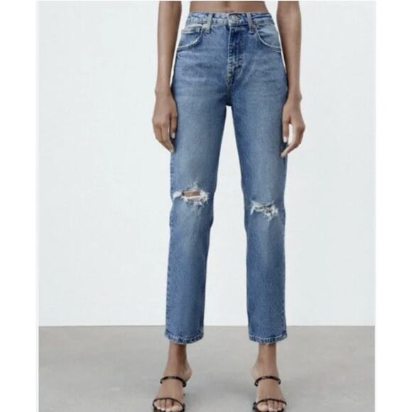 Zara Denim - Zara Slim Fit High-Rise Ripped Straight Leg Ankle Jean Size 8 Distressed Medium
